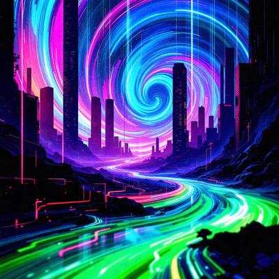 The primary subject of the image is a futuristic cityscape with a colorful, swirling skyline. The setting is a city with tall buildings, and the visual style is a digital art or illustration. The colors and mood of the image are vibrant and lively, with a mix of pink, blue, green, and purple hues. The overall atmosphere is energetic and dynamic, capturing the essence of a bustling urban environment.